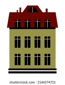 City single silhouette building colored object element school, residential, apartment, bank, shop retro of isolated item hotel, museum, hospital, townhouse