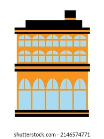 City single silhouette building colored object element school, residential, apartment, bank, shop retro of isolated item hotel, museum, hospital, townhouse