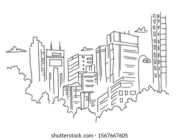 City sketch. Building architecture landscape panorama. View from window. Ordinary city. Hand drawn black line.