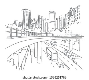 City Sketch. Building Architecture Landscape Panorama. Skyscrapers View. Street, Road. Highway, Transport. Hand Drawn Black Line.