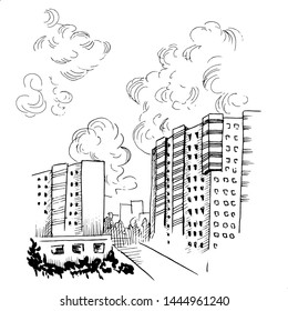 City sketch. Fragment of cityscape, high-rise residential buildings, sky and clouds. Hand drawn scape in sketch style. Monochrome vector illustration.