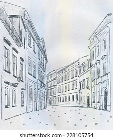 City sketch. Watercolor town winter. vector illustration