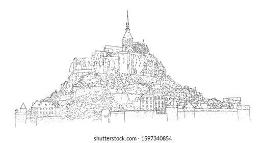 City sketching. Line art silhouette. Travel card. Tourism concept. France, Mont Saint-Michel. Isolated. Sketch style vector illustration.