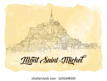 City sketching. Line art silhouette. Travel card with watercolor background. Tourism concept. France, Mont Saint-Michel. Sketch style vector illustration.