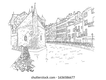 City sketching. Line art silhouette. Travel card. Tourism concept. France, Annecy, Palais de l’Isle. Isolated. Sketch style vector illustration.