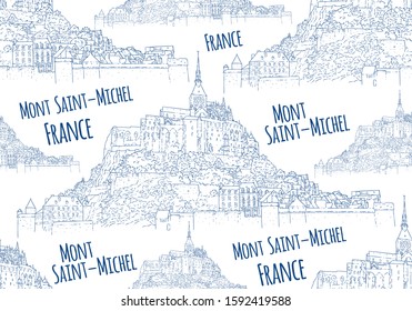 City sketching. Seamless pattern. Line art silhouette. Travel card. Tourism concept. France, Mont Saint-Michel. Sketch style vector illustration.