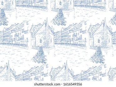 City sketching. Seamless pattern. Line art silhouette. Travel card. Tourism concept. France, Annecy, Palais de l’Isle. Sketch style vector illustration.