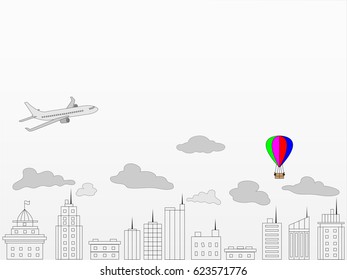 city sky background with  plane and balloon vector illustration. 