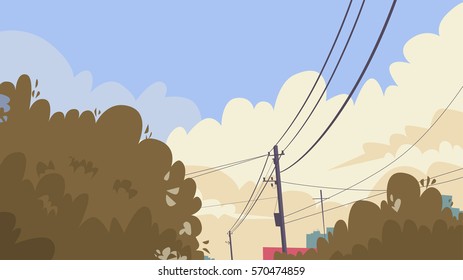 City Sky With Clouds Power Lines Banner Copy Space Flat Vector Illustration