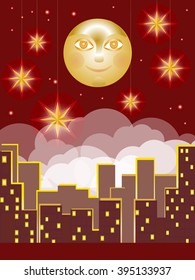 City sky image of stars and the moon, red version