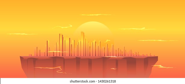 city in the sky vector illustration.rock platform? sunset cky and clouds, modern cityscape, futuristic scenery