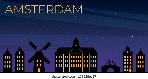 City skyline of Amsterdam featuring iconic buildings and windmill against a night sky