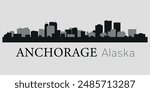 The city skyline. Anchorage, Alaska. Silhouettes of buildings. Vector on a gray background