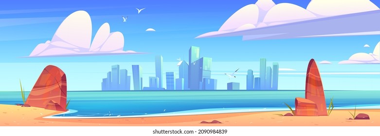 City skyline architecture at waterfront bay view from sea beach. Modern megapolis with skyscraper buildings at blue water surface under cloudy sky with birds flying, Cartoon vector illustration