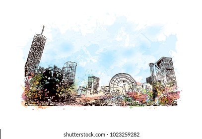 City skyline of Atlanta City in Georgia, USA. Watercolor splash with hand drawn sketch illustration in vector.