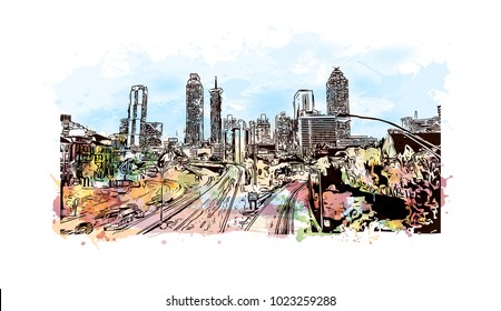 City skyline of Atlanta City in Georgia, USA. Watercolor splash with hand drawn sketch illustration in vector.