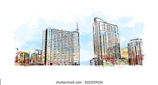 City skyline of Atlanta City in Georgia, USA. Watercolor splash with hand drawn sketch illustration in vector.