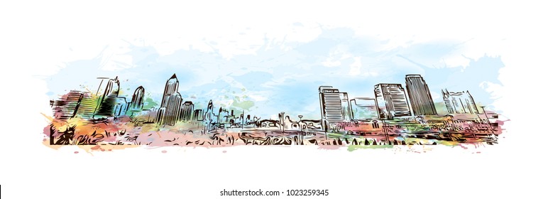 City skyline of Atlanta City in Georgia, USA. Watercolor splash with hand drawn sketch illustration in vector.