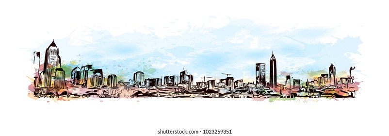 City skyline of Atlanta City in Georgia, USA. Watercolor splash with hand drawn sketch illustration in vector.