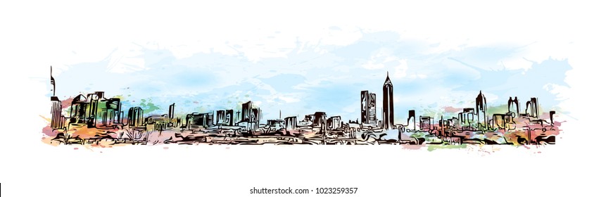 City skyline of Atlanta City in Georgia, USA. Watercolor splash with hand drawn sketch illustration in vector.