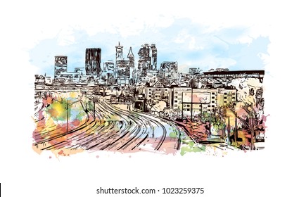 City skyline of Atlanta City in Georgia, USA. Watercolor splash with hand drawn sketch illustration in vector.