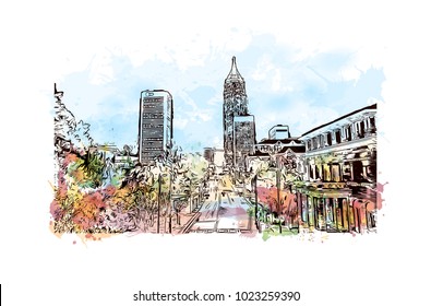 City skyline of Atlanta City in Georgia, USA. Watercolor splash with hand drawn sketch illustration in vector.