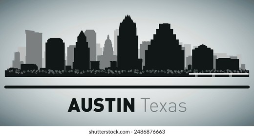 El horizonte de la ciudad. Austin, Texas. Siluetas de edificios. Vector sobre fondo gris