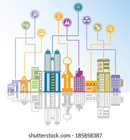 city skyline background, data and network concept