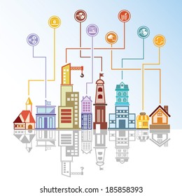 city skyline background, network and multimedia concept