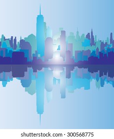 City skyline background simple decorative illustration blue light