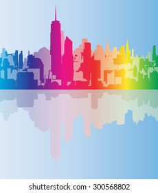 City skyline background simple decorative illustration rainbow