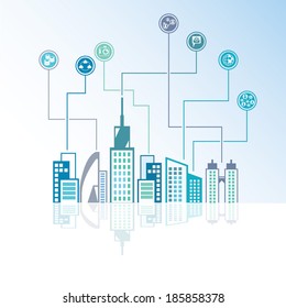 city skyline background, social media network concept