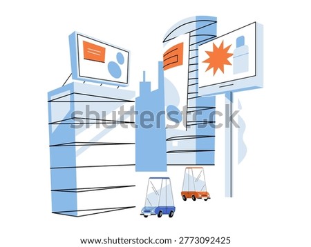 City skyline with billboards and cars vector illustration. Marketing strategy, urban environment, commercial advertising, brand visibility, city life, outdoor media. Metro town with signs