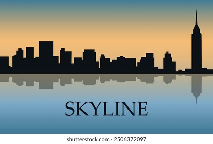 The city skyline. Black silhouette of the city skyline with a shadow. Vector on the background of sunset.