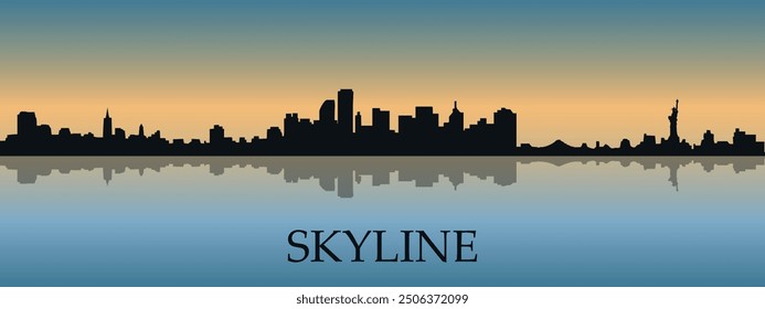 The city skyline. Black silhouette of the city skyline with a shadow. Vector on the background of sunset.