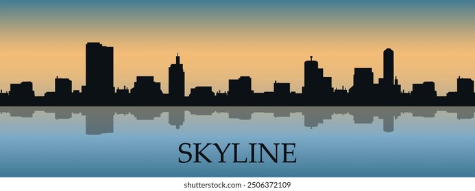 The city skyline. Black silhouette of the city skyline with a shadow. Vector on the background of sunset.