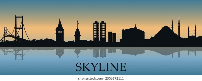 The city skyline. Black silhouette of the city skyline with a shadow. Vector on the background of sunset.