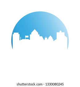 city skyline in blue circle background