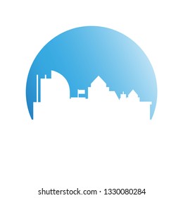 city skyline in blue circle background