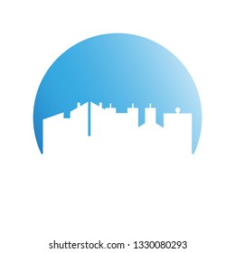 city skyline in blue circle background