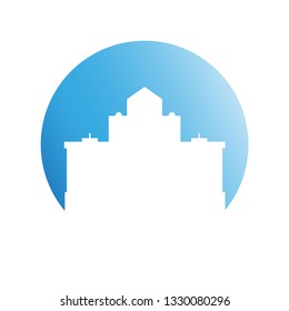 city skyline in blue circle background