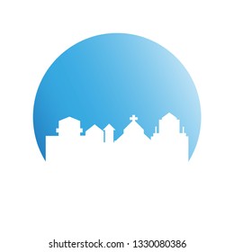 city skyline in blue circle background