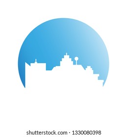 city skyline in blue circle background
