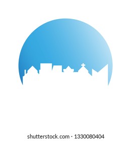 city skyline in blue circle background