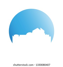 city skyline in blue circle background