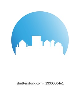 city skyline in blue circle background