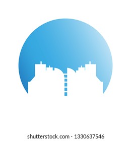city skyline in blue circle background