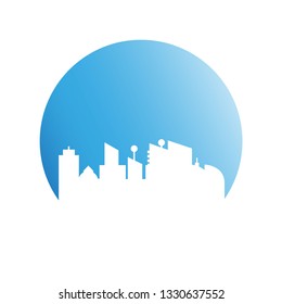 city skyline in blue circle background