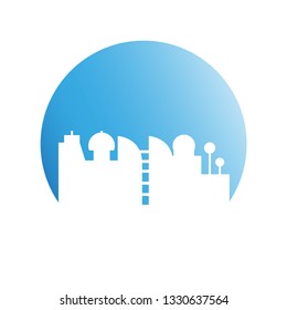 city skyline in blue circle background