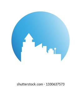 city skyline in blue circle background